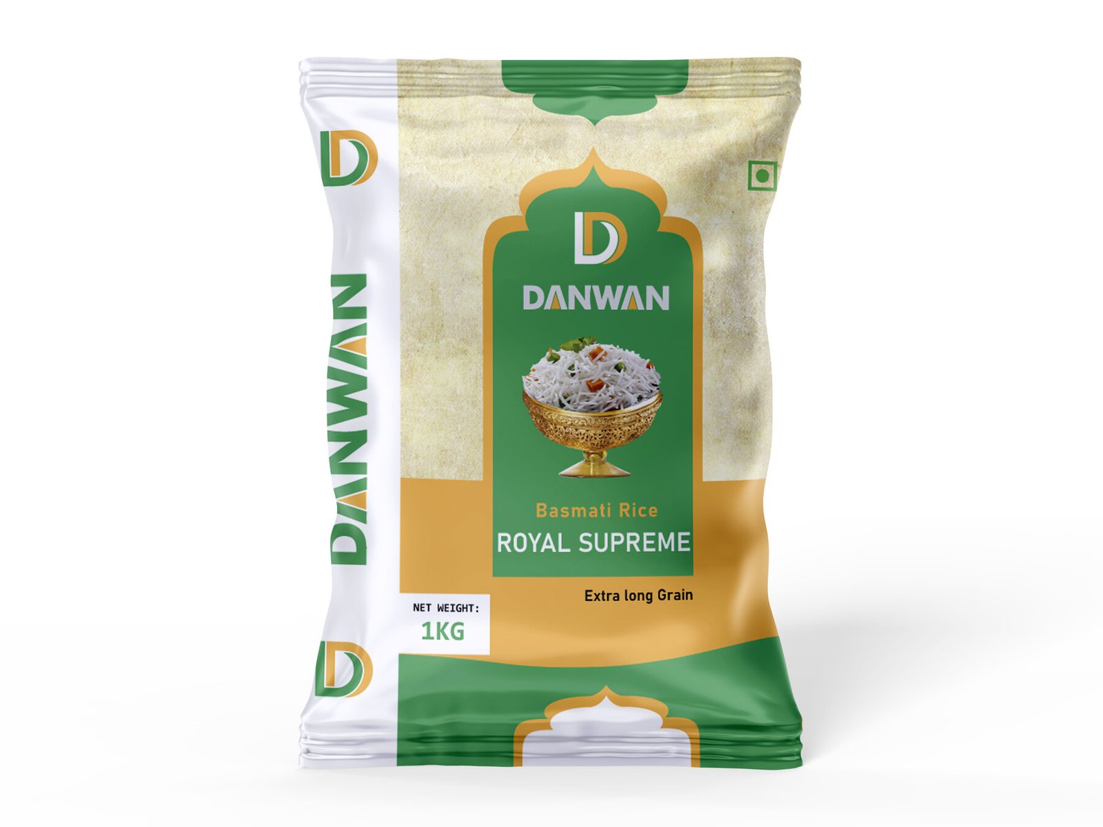 Danwan Royal Supreme basmati rice 1 kg pouch packaging design in green