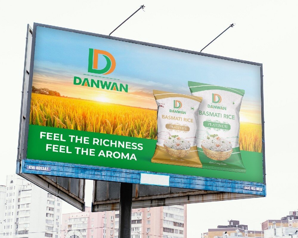 Danwan basmati rice billboard, Feel the richness, feel the aroma, with rice bags and paddy field