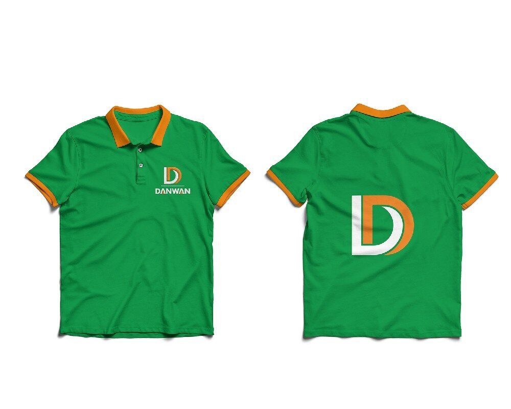 Danwan green polo T-shirt uniform with orange collar, front and back