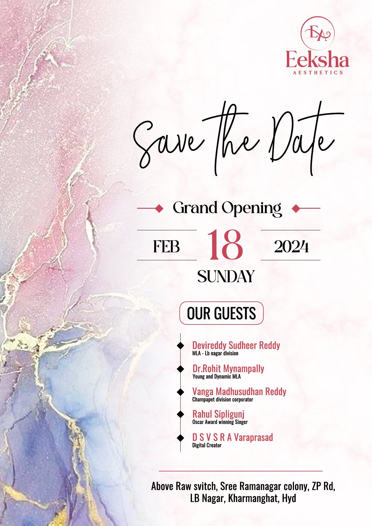 Eeksha Aesthetics save the date grand opening post, 18 February, with guest list, in pink marble style