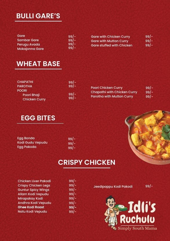 Idli's Ruchulu menu page listing bulli gare, wheat base, egg bites and crispy chicken
