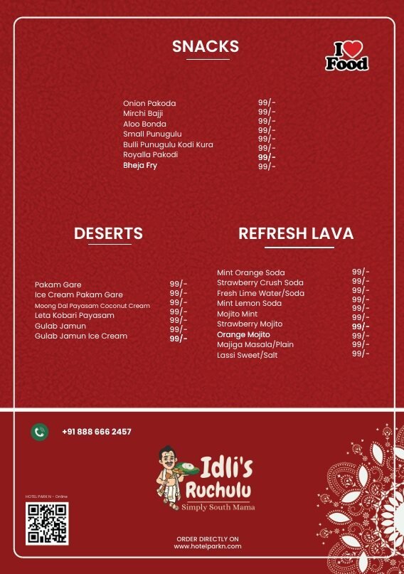 Idli's Ruchulu menu page for snacks, desserts and refreshing drinks