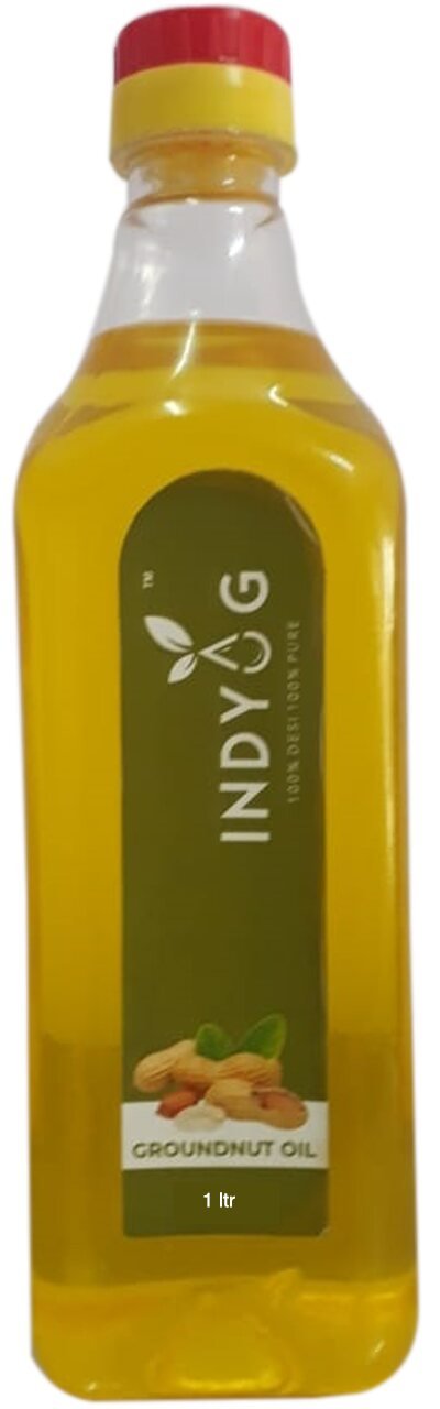 Indyog cold pressed groundnut oil 1 litre bottle label