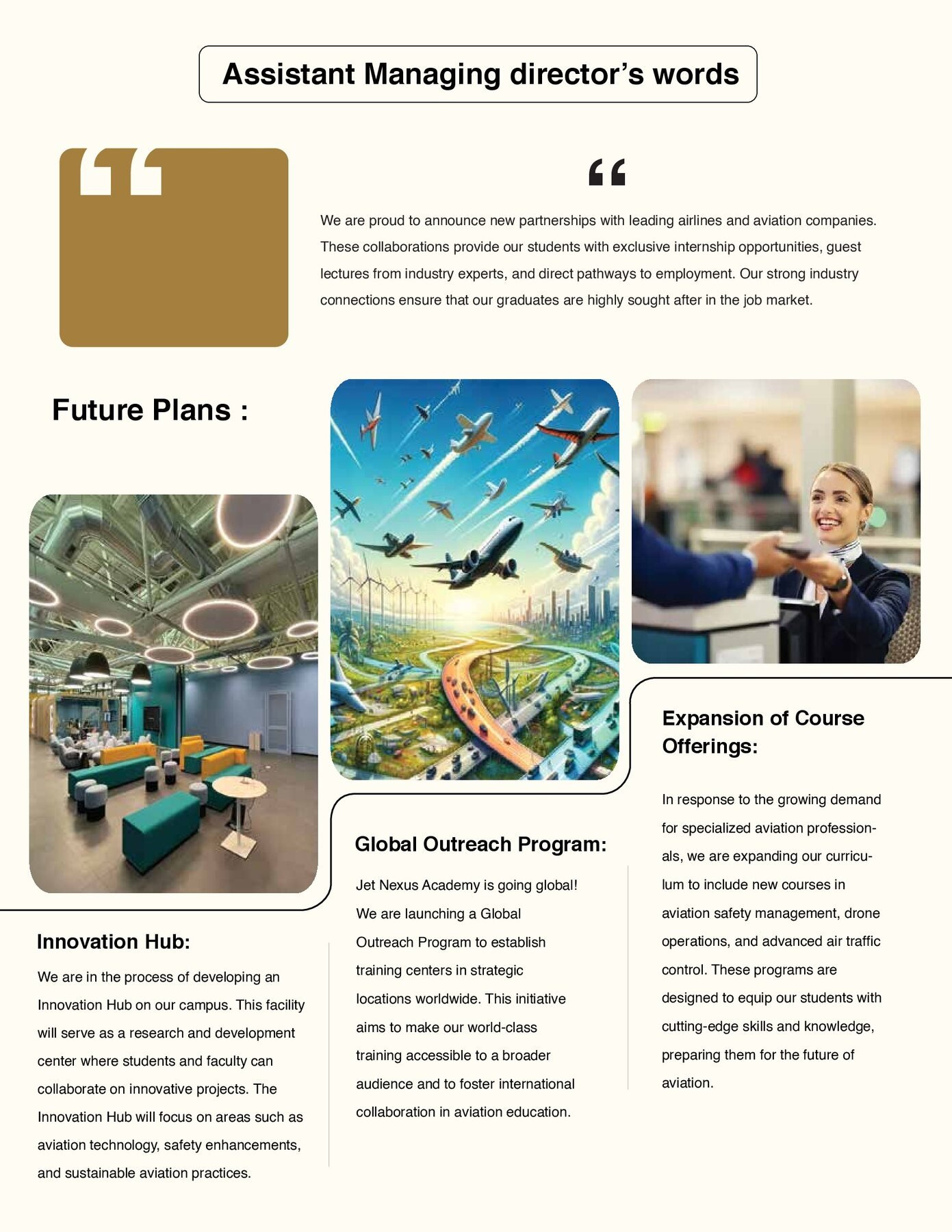 Jet Nexus newsletter page with the assistant managing director's words and future plans