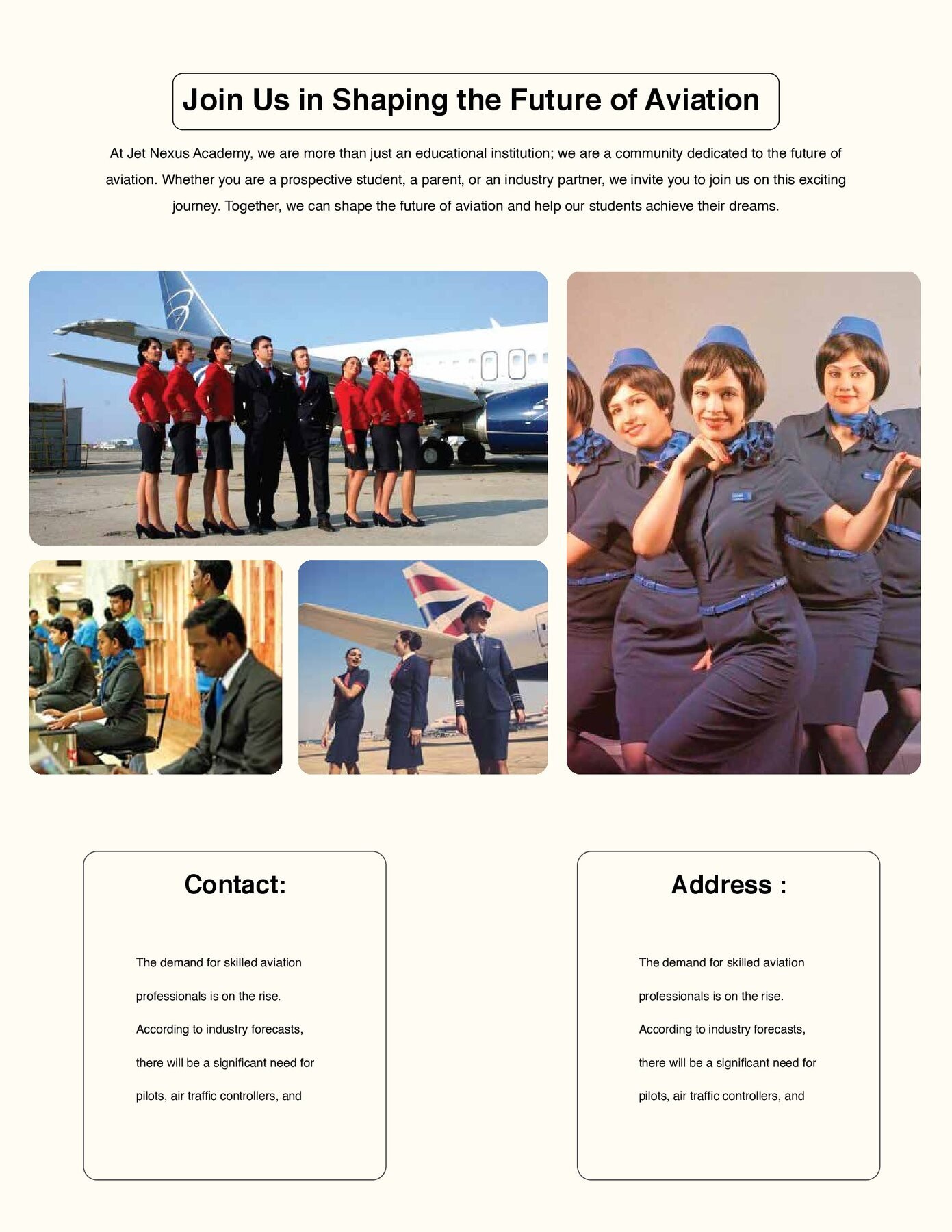 Jet Nexus newsletter closing page with cabin crew photos, contact and address