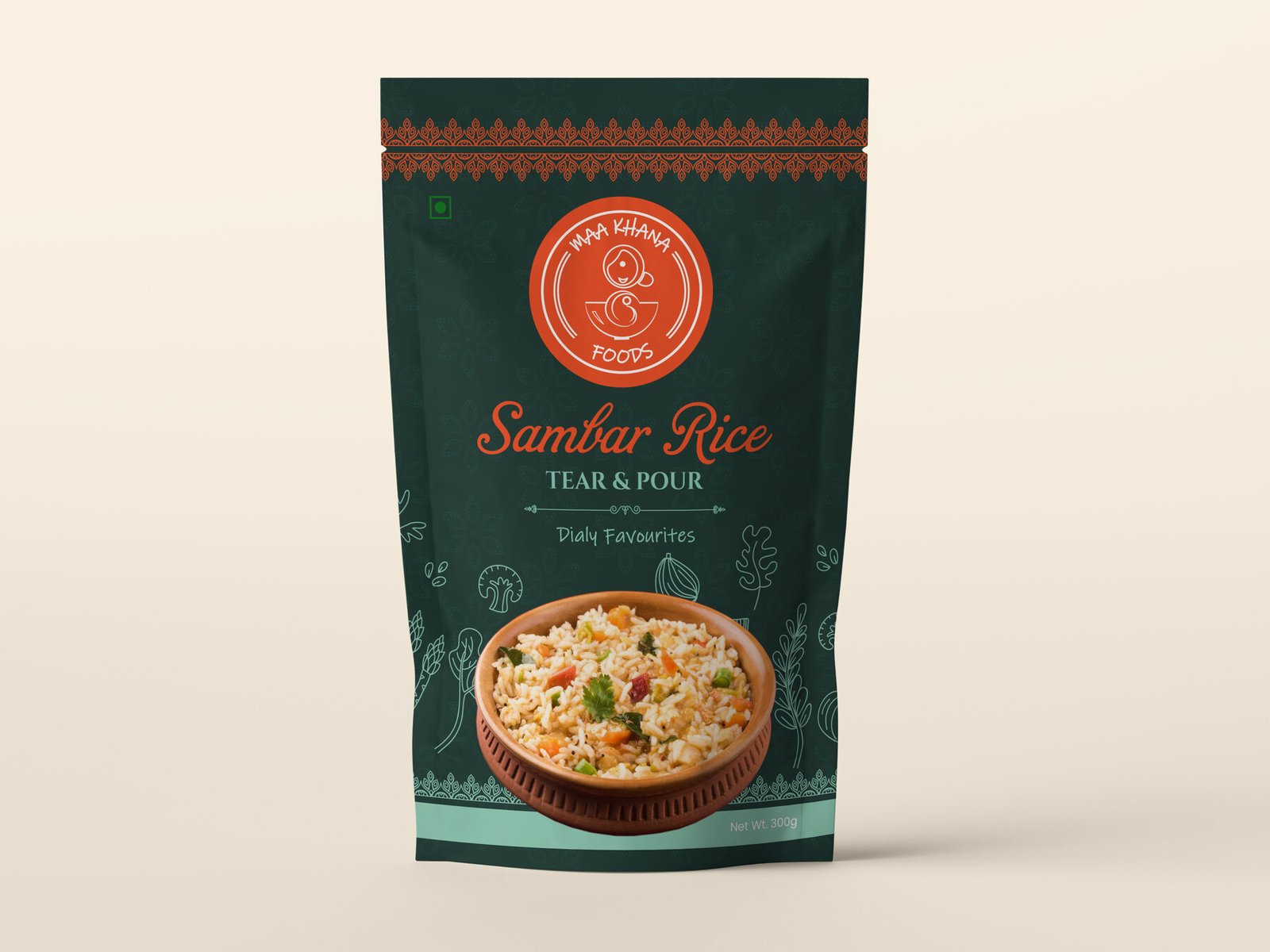 Maa Khana Foods sambar rice pouch in bottle green with orange logo