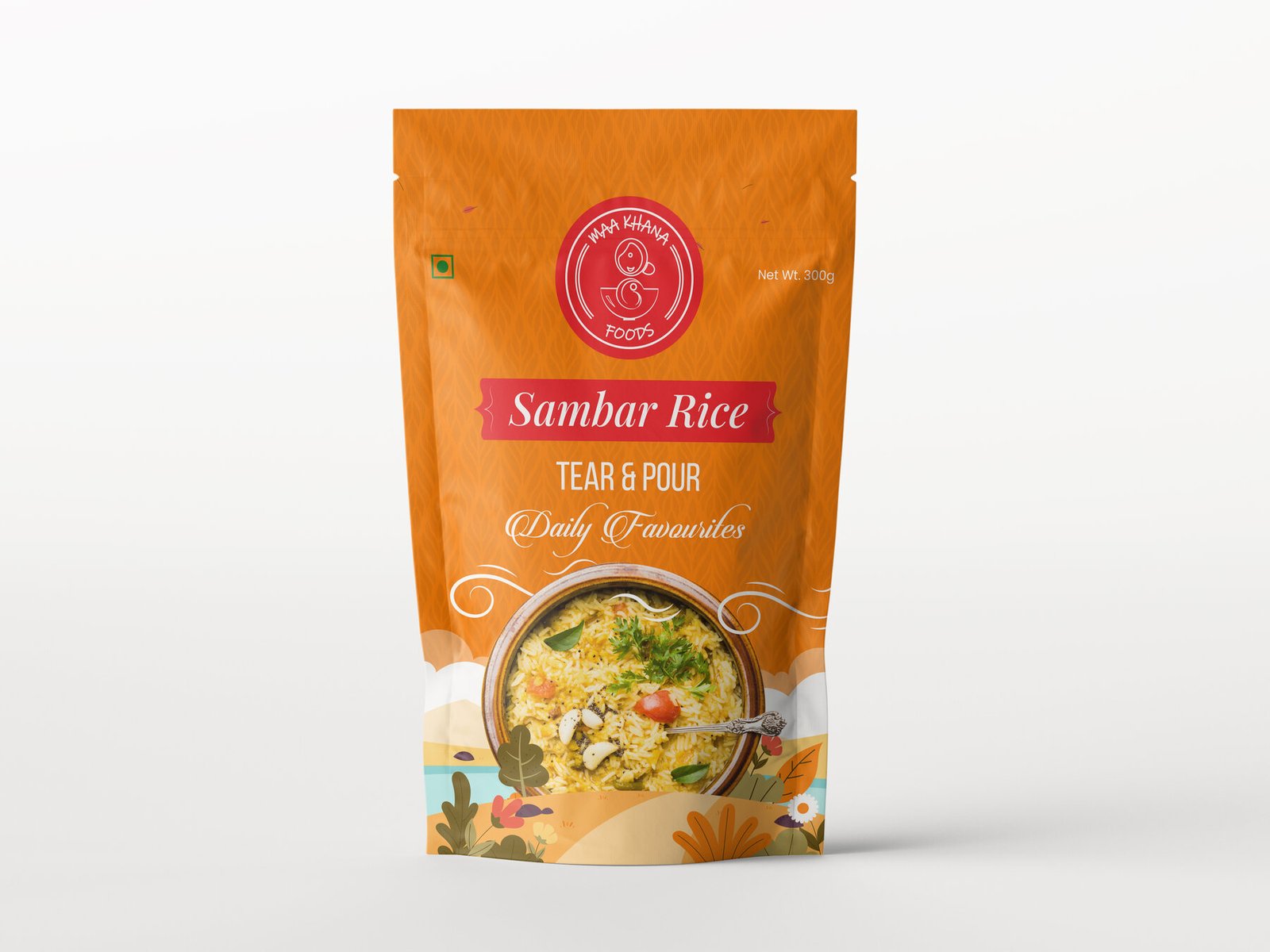 Maa Khana Foods sambar rice stand-up pouch in orange with illustrated plate