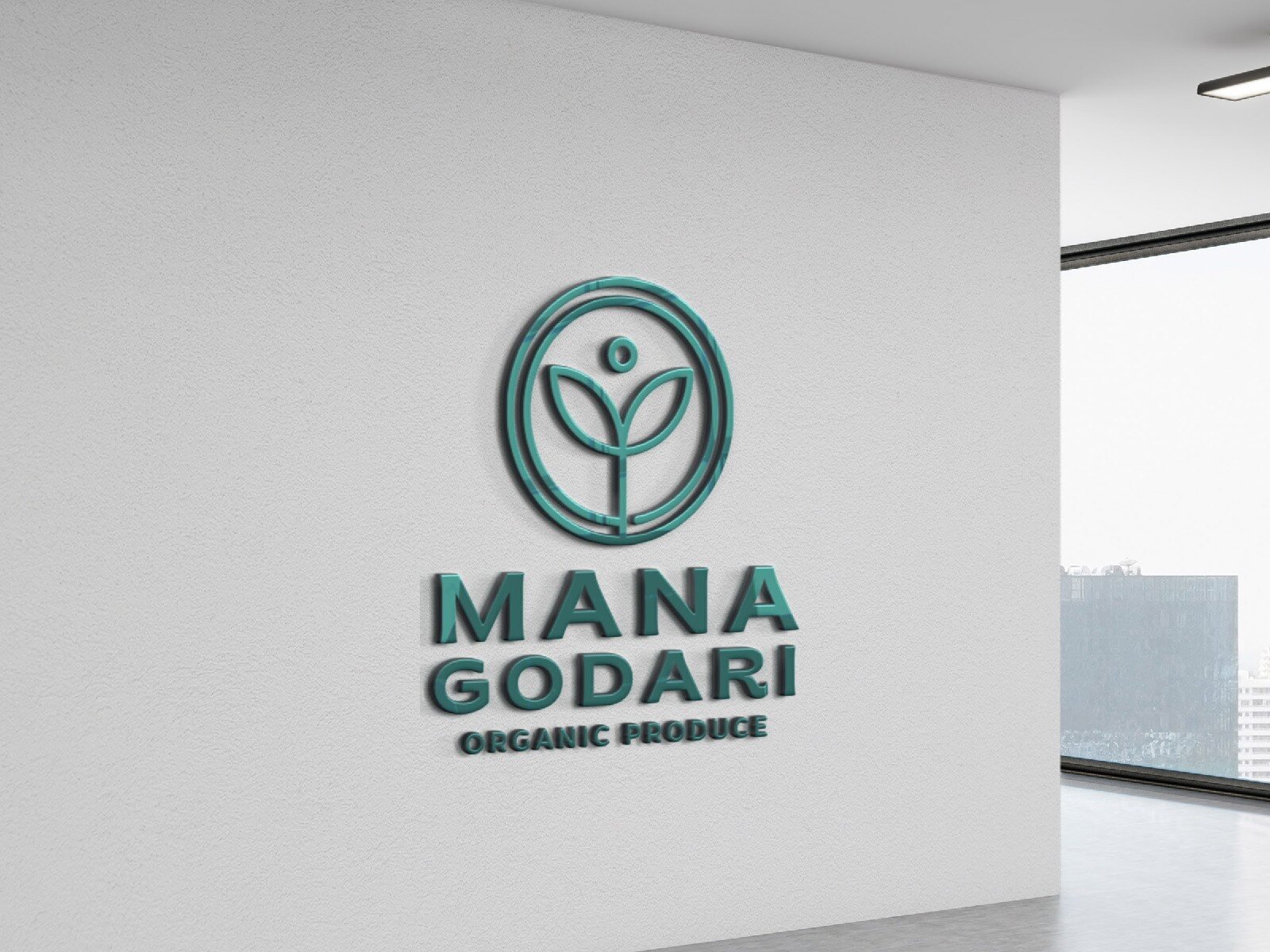 Mana Godari organic produce 3D logo on an office wall