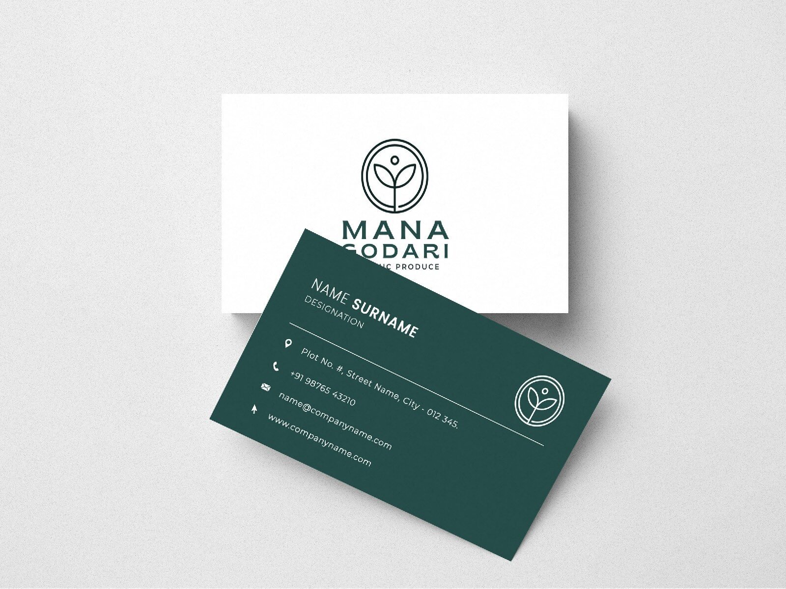 Mana Godari visiting cards in white and deep green