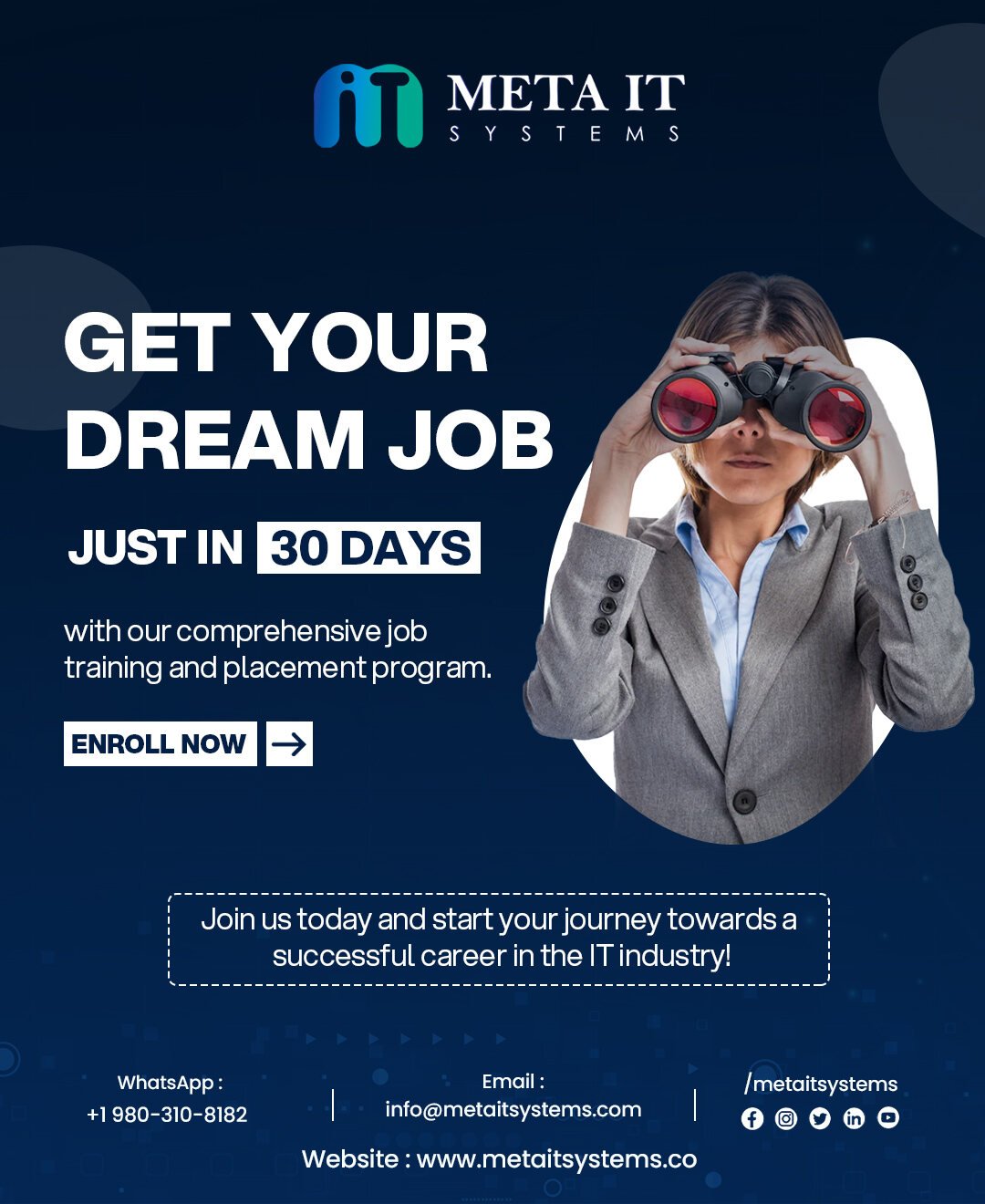 Meta IT Systems social media post, Get your dream job in 30 days, with job training and placement