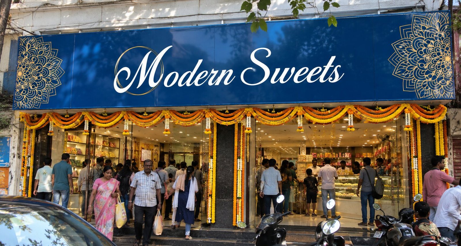 Busy Modern Sweets storefront with the blue and gold sign board and festive marigold garlands