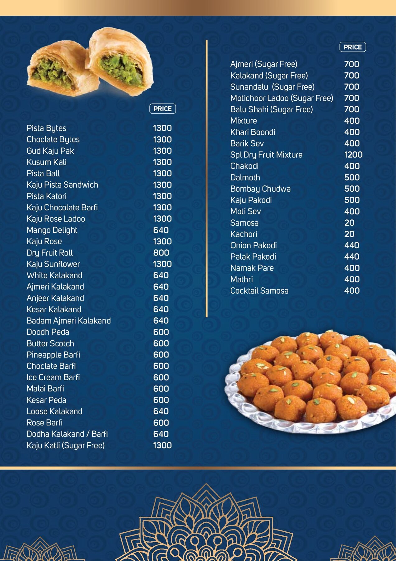 Modern Sweets menu page with dry fruit sweets, sugar-free sweets and namkeen prices