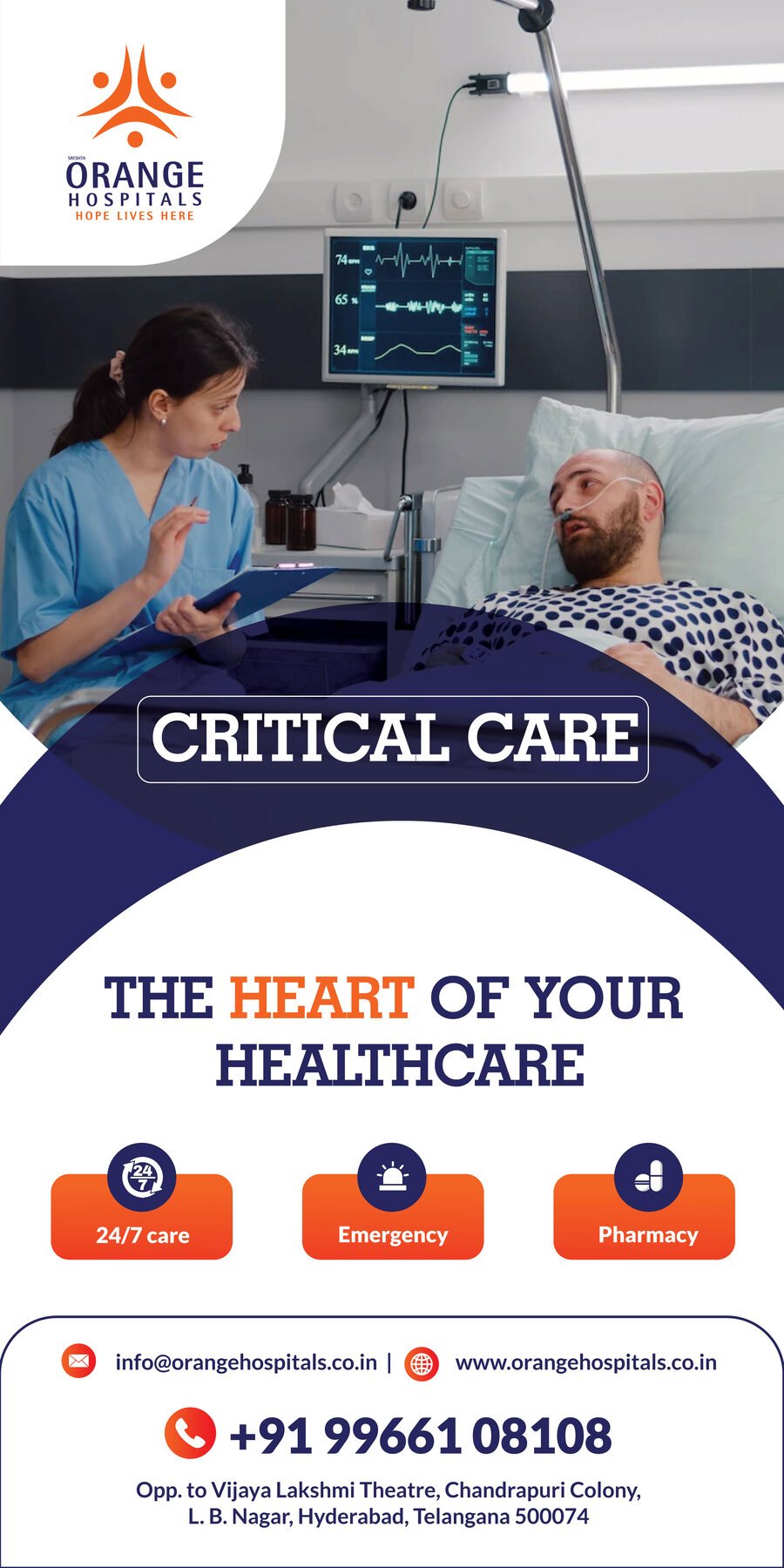 Orange Hospitals critical care standee, the heart of your healthcare, with ICU bed visual