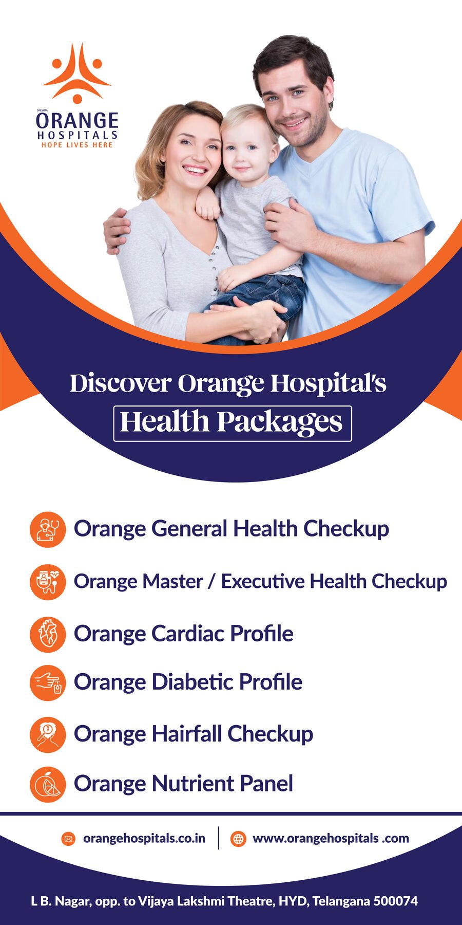Orange Hospitals health packages standee listing general, cardiac, diabetic and hairfall checkups