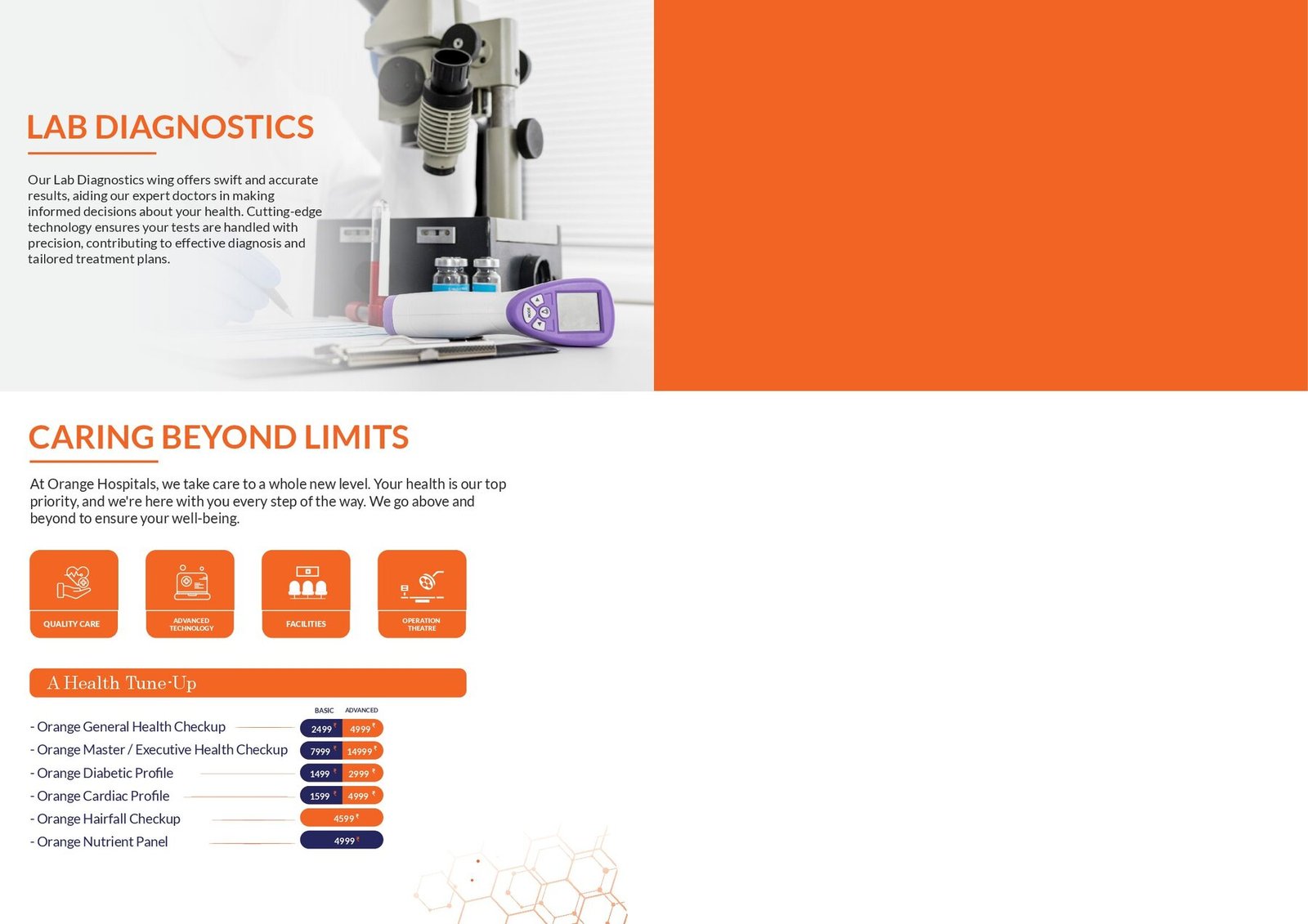 Orange Hospitals file folder inside with lab diagnostics and health tune-up packages