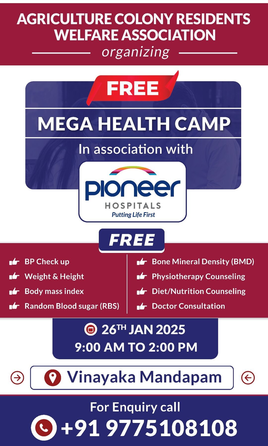 Pioneer Hospitals free mega health camp banner with Agriculture Colony Residents Welfare Association