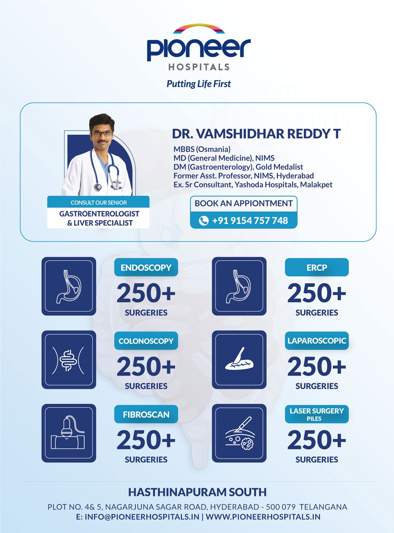 Pioneer Hospitals flyer for Dr. Vamshidhar Reddy T with 250 plus endoscopy and ERCP procedures