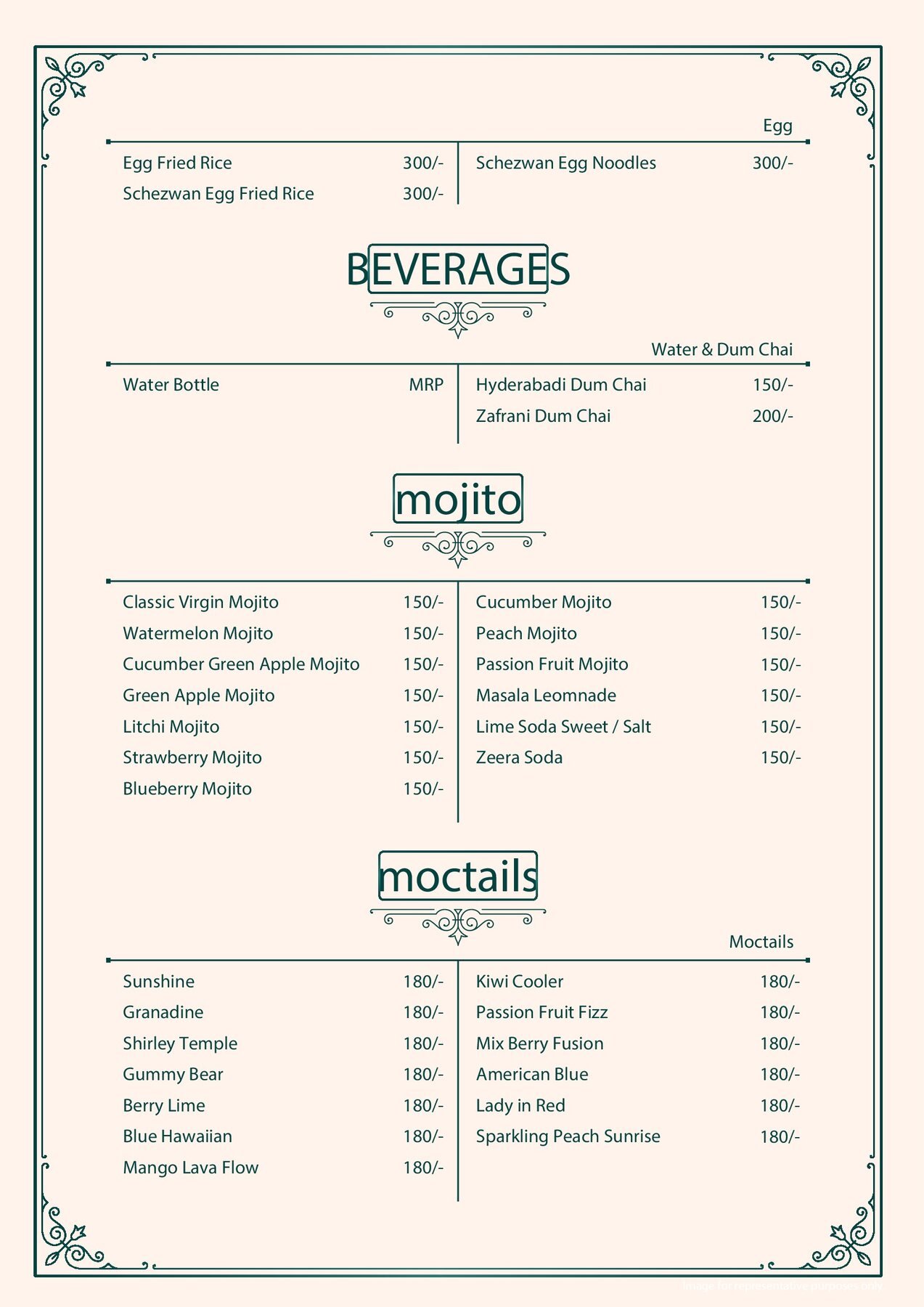 Pista House beverages, mojito and mocktails menu page