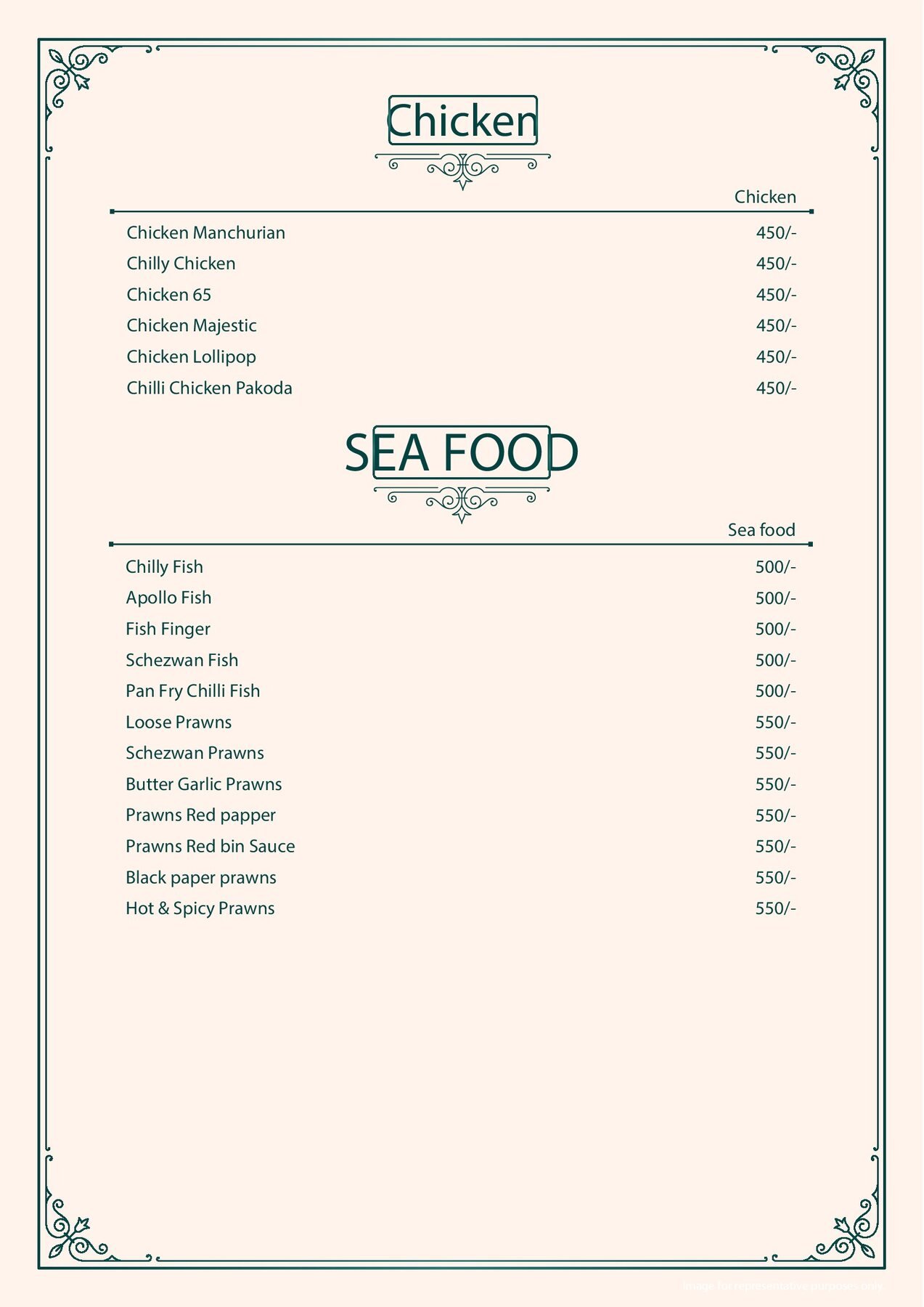 Pista House Chinese chicken and sea food menu page