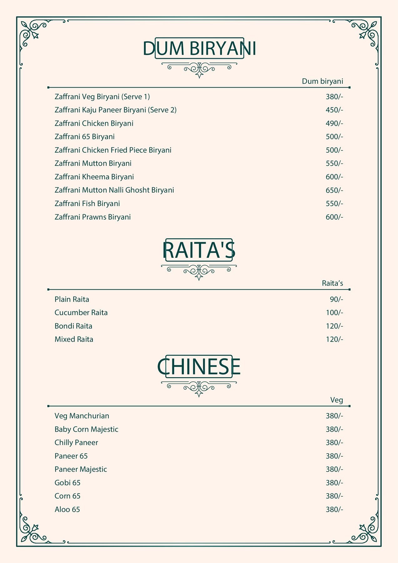 Pista House dum biryani, raita and Chinese starters menu page
