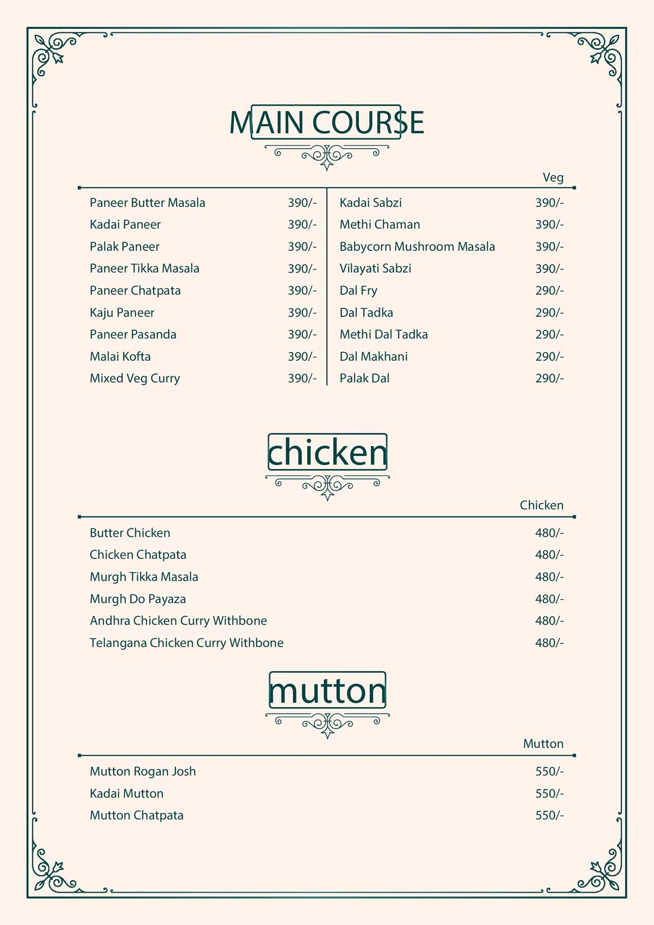 Pista House main course, chicken and mutton menu page