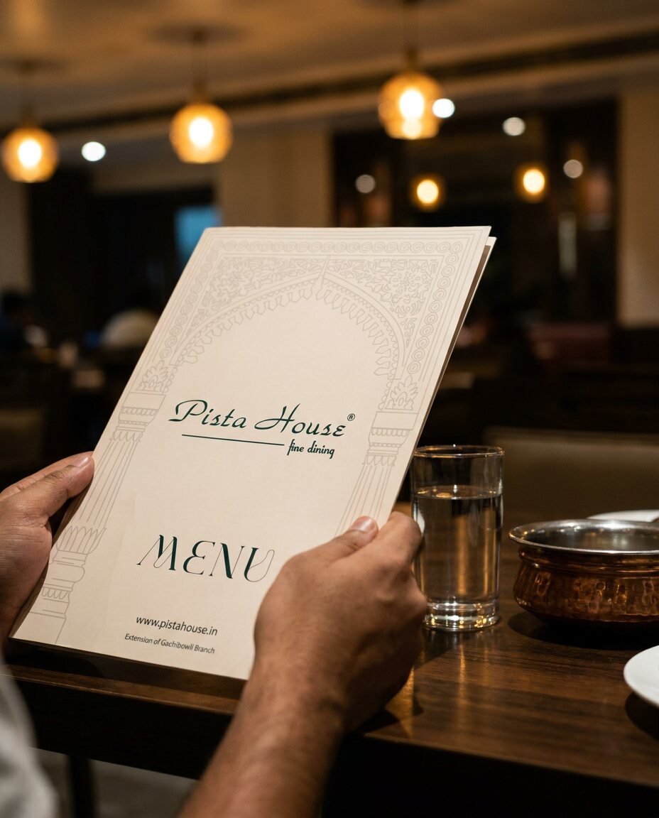 Diner holding the Pista House fine dining menu at a restaurant table with warm pendant lights, photo mockup