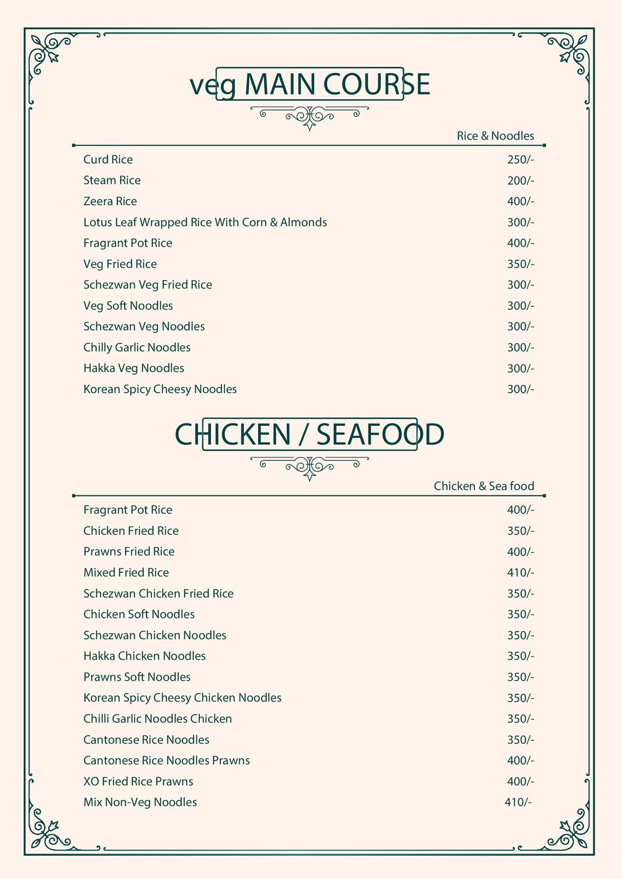 Pista House rice and noodles menu page