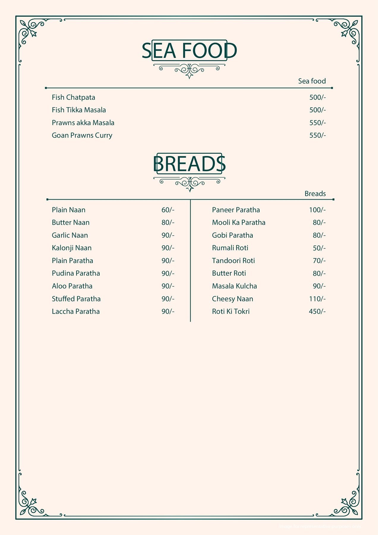Pista House sea food and Indian breads menu page