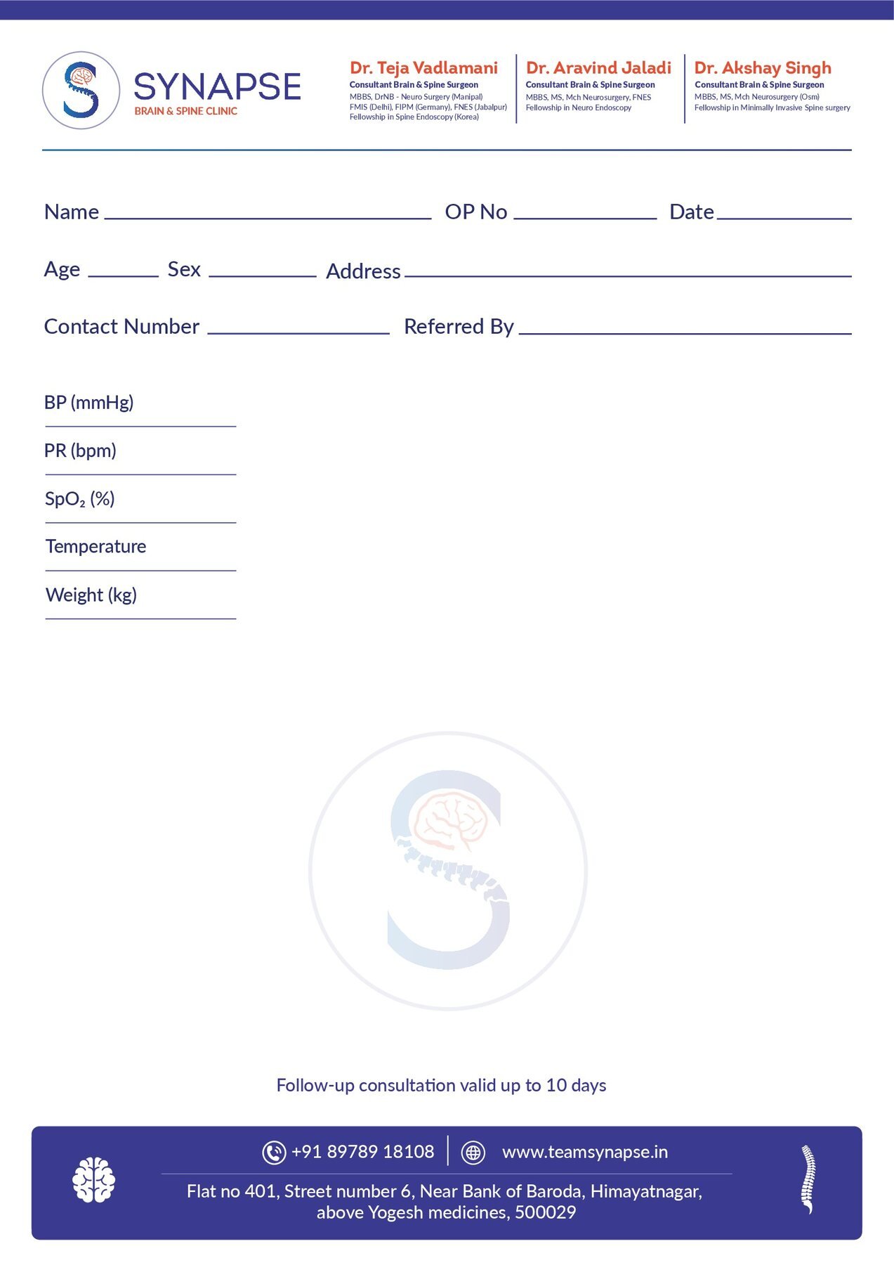 Synapse Brain and Spine Clinic outpatient OP sheet with vitals fields