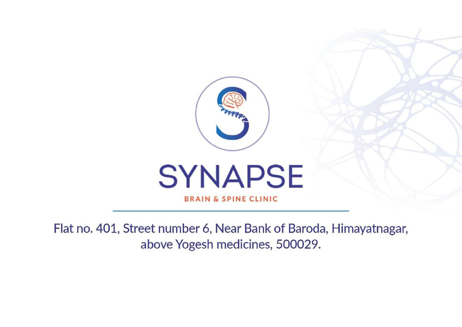 Synapse visiting card back with logo and Himayatnagar address