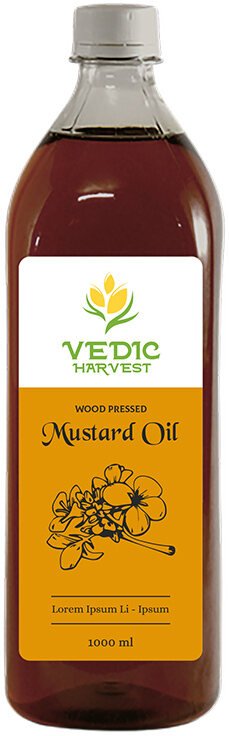 Vedic Harvest wood-pressed mustard oil bottle label